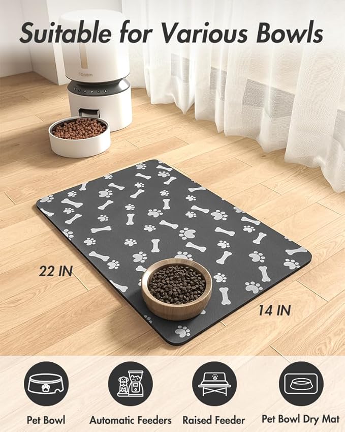 MontVoo Dog Food Mat-Pet Feeding Mat for Food and Water-No Stains Quick Dry Dispenser Cat Bowl Mat for Messy Drinkers(14"x22" Dark Grey)