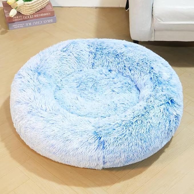 Cat Beds for Indoor Cats - Cat Bed Washable 24 inches, Dog Beds for Small Medium Dogs, Anti Anxiety Round Fluffy Plush Faux Fur Cat Bed, Thick Bottom (Cornflower Blue, Large 24" L x 24" W)
