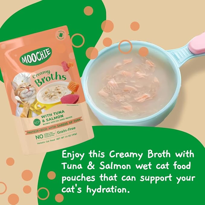 MOOCHIE Grain Free Creamy Broth for Cats - Made with Real Salmon & Tuna - No Artificial Flavors or Preservatives - 16 x 1.4 oz Pouch
