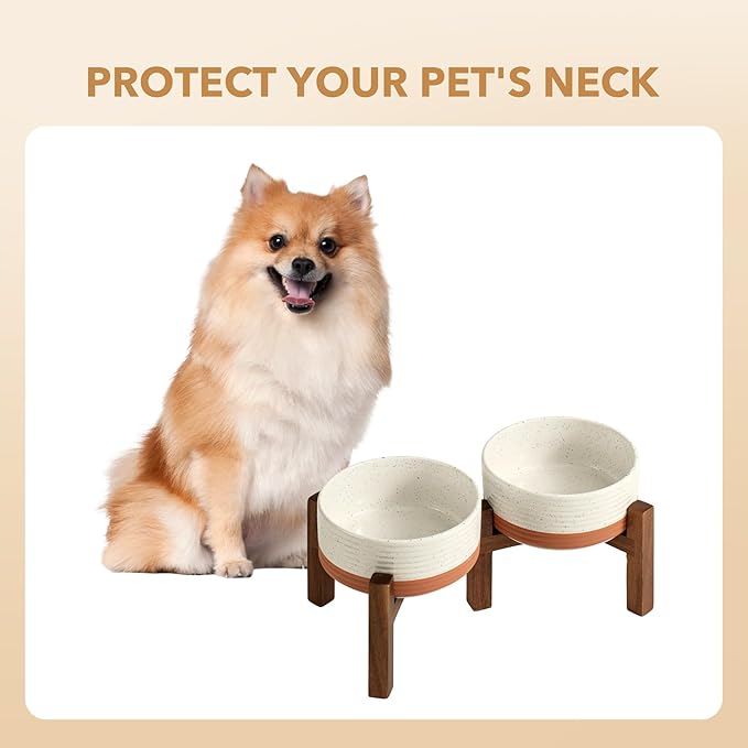 Ceramic 6.1inch Raised Double Dog Bowls Set with Acacia Wood Stand, 2 Heights Elevated, Food & Water Bowls for Small Dogs(28.2oz, Vanilla White)