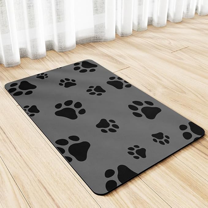 18"×30" Dog Food Mat-Absorbent Dog Mat for Food and Water, No Stains Quick Dry Cat Food Bowl Mat with Footprints for Messy Drinkers,Dark Grey