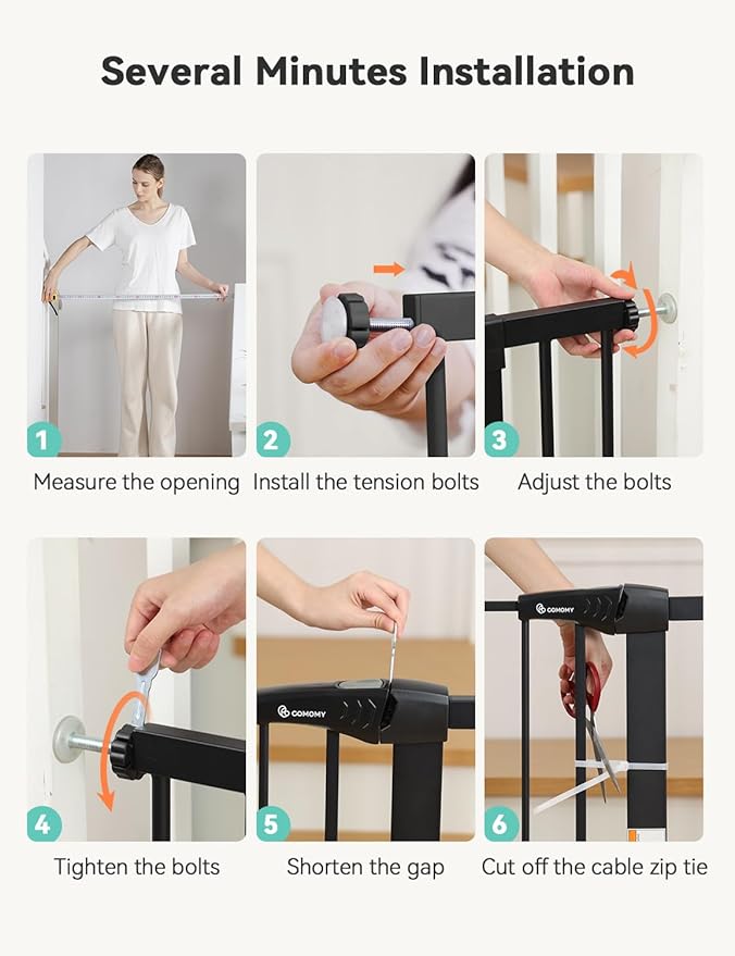 COMOMY 30" Tall Baby Gate for Stairs Doorways, Fits Openings 29.5" to 43.3" Wide, Auto Close Extra Wide Dog Gate for House, Pressure Mounted Easy Walk Through Pet Gate with Door, Black