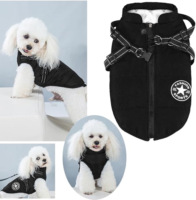 Aiboria Dog Coat for Winter Waterproof Jackets Windproof Fleece Large Dogs Vest Harness Winter Warm Padded Pet Black 4XL