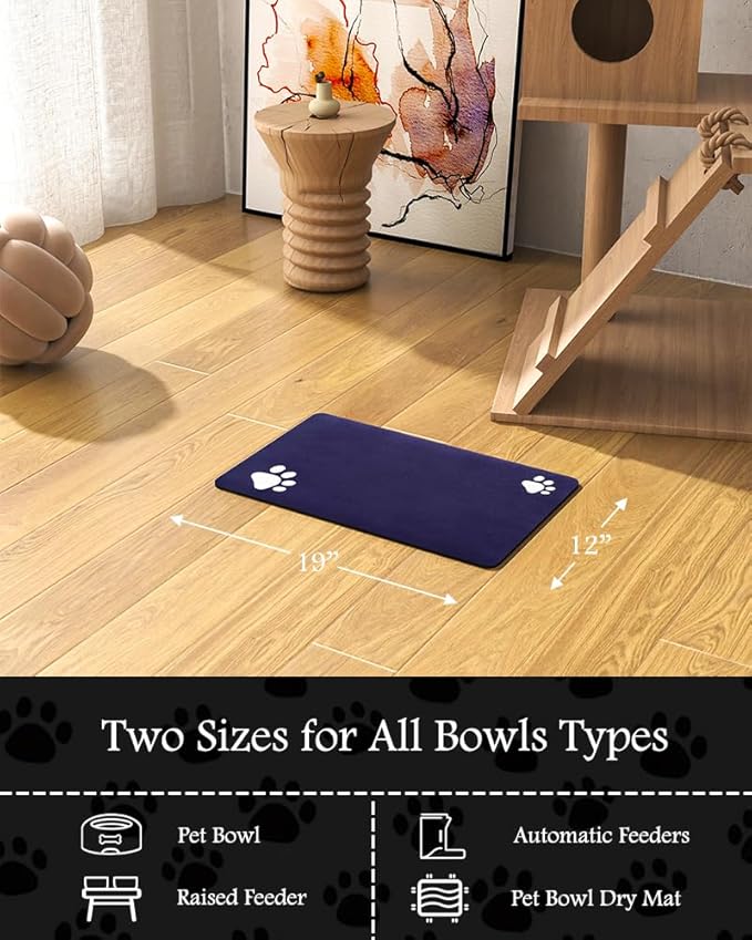 Pet Feeding Mat-Absorbent Dog Mat for Food and Water Bowl-No Stains Quick Dry Water Dispenser Mat-Dog Accessories Pet Supplies-Bowl for Messy Drinkers(Navy,12"x19"