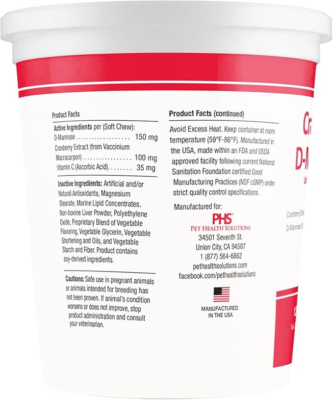 Cranberry D-Mannose Urinary Tract Support Supplement for Cats and Dogs - Cranberry Extract, D-Mannose, Vitamin C - Bladder and UTI Treatment - Made in USA - 120 Soft Chews