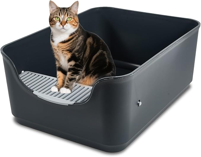 Large Cat Litter Box with High Sides and Low Entry,Open Top Litter Pan with Litter Trapping Pedal for Indoor Big Cats,Kittens and Multicat Homes,Easy to Clean,Anti-Urine Leakage (Grey)
