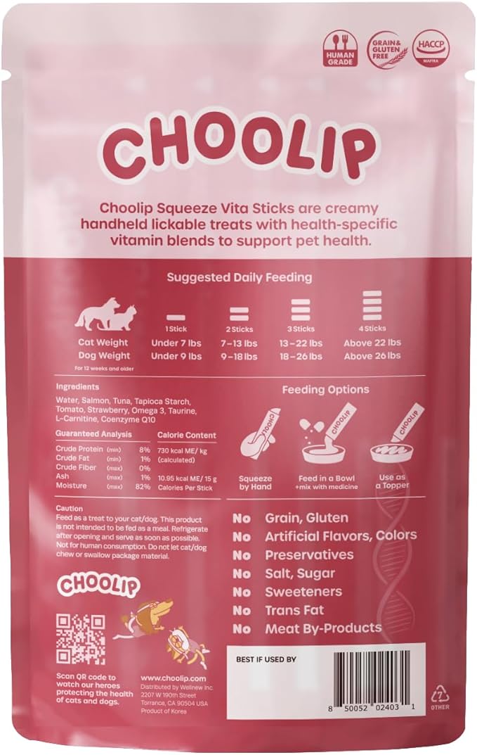 Choolip 2-Pack | Squeeze Vita Stick Lickable Treats for Dogs & Cats. 7 Heart Support Sticks with Essential multivitamins. Soft and Tasty Paste for All Life Stages, Supporting Heart Health