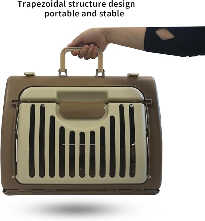 Foldable Travel Cat Carrier, Small Cat Carrier Hard Up to 25lbs, 18" Lx14.5 Wx14 H Front Open Type Plastic Cat Carriers, Beige + Coffee