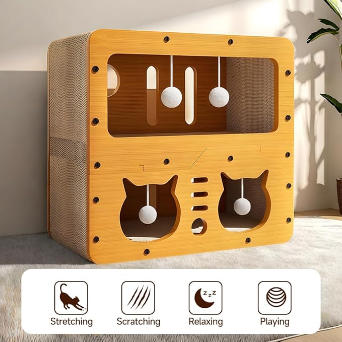 Cat Beds for Indoor Cats,Wooden Cat Scratcher House & Cardboard Condos,Covered Bedsure Kitten Bed Cave Furniture,Cute Playhouse Box,Small Cat Enclosure Crates Hideaway