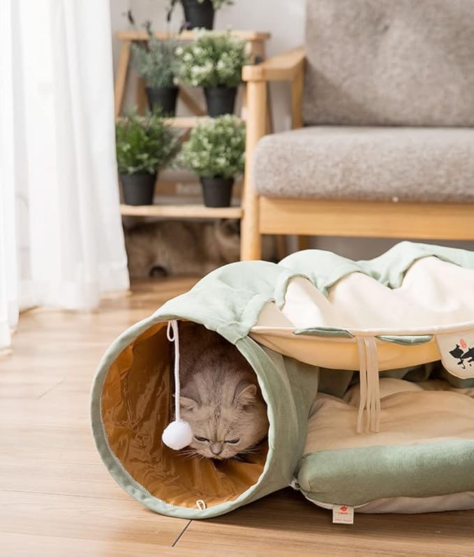 2 in 1 Cat Tunnel Bed Tube with Cushion and Plush Ball Toy Playground Crinkle Collapsible for Large Cats Kittens Kitty Puppy Small Dog Foldable Soft Pet Play Bed Indoor Outdoor - Green Cat Tunnel Bed