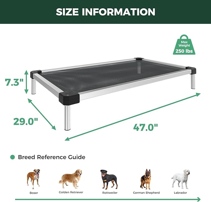 FXW TitanNest Chew-Proof Elevated Dog Bed, Raised Cot for Indoor/Outdoor/Camping Use, Durable & Waterproof Cooling Pet Bed for Large Dogs, 47.0" L x 29.0" W x 7.3" H, Black
