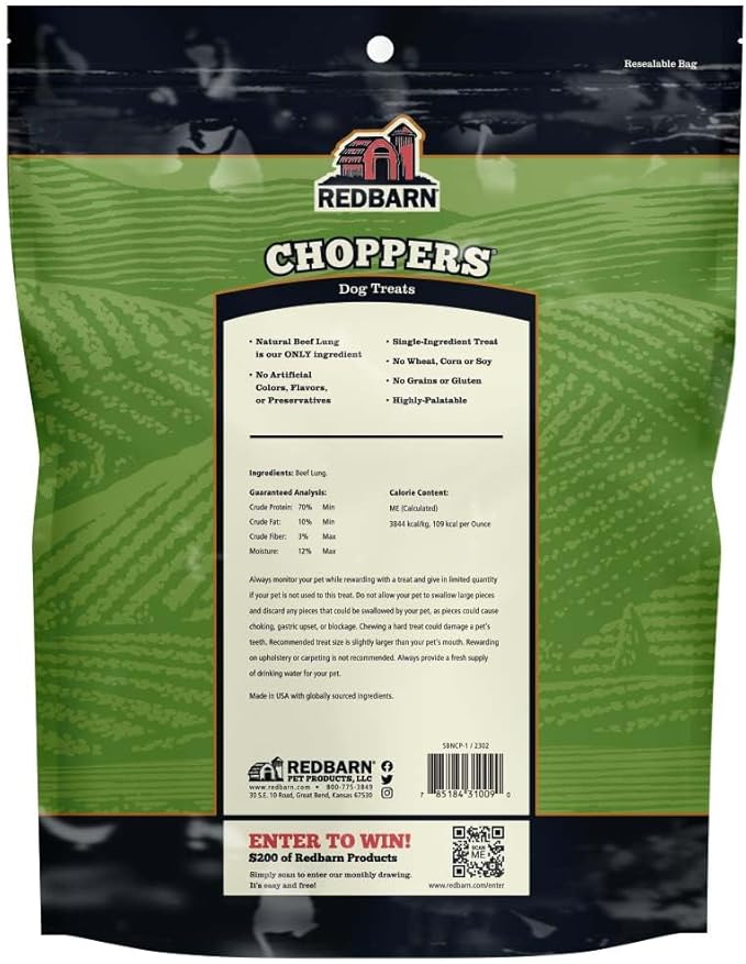 Redbarn Pet Products Natural Choppers Beef Lung Chew Treats for Dogs - Premium Made in USA Rawhide-Free Single Ingredient High Protein Low Fat - 9 oz Bag