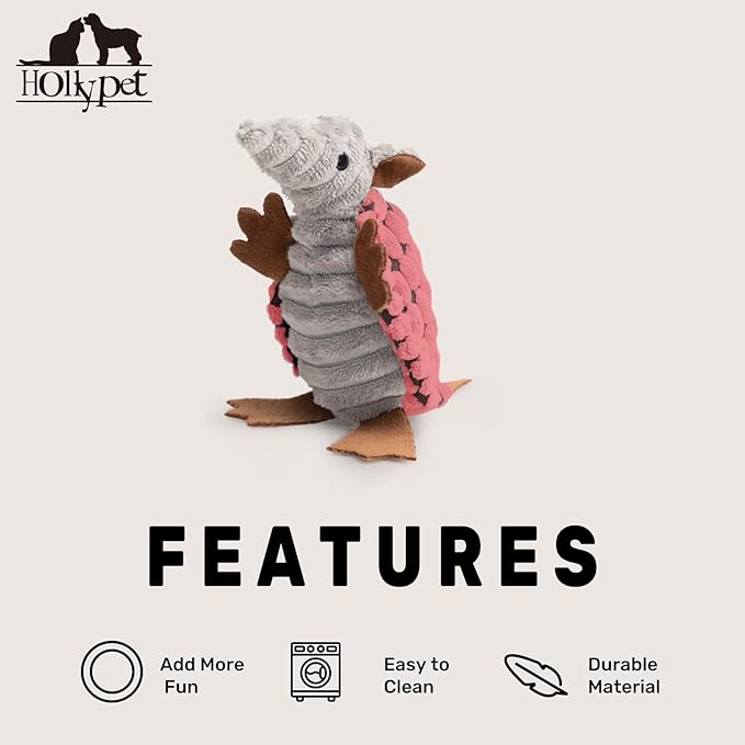 Hollypet Plush Dog Squeaky Toy Stuffed Armadillo Animal Pet Puppy Chew Toys with Clean Teeth for Small Medium Large All Breed Sizes Dogs, Bright Pink, 6 in