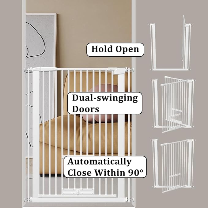 40.55" Tall 1.37" Ultra Narrow Spacing 73.43"-81.30" Extra Wide Dogs Pets Baby Gate with Cat Door for Doorway Safety Proof Indoor Puppy Pressure Mounted No Drill White Black Metal Hallway