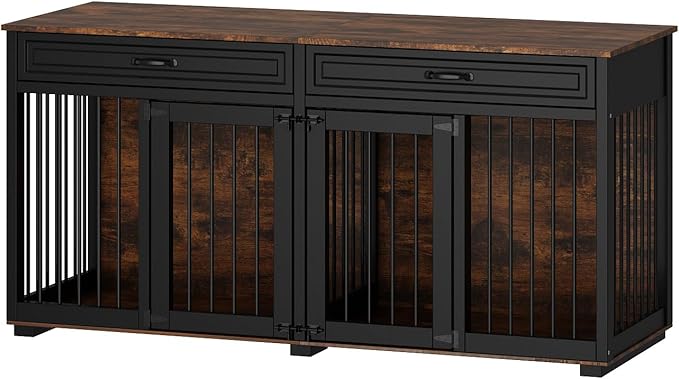 64.6" Furniture Dog Crate,Heavy Duty Wooden Dog Cage Furniture,Indoor Dog Kennel with Drawers & Removable Divider,Luxury Dog House w/Double Rooms for Small Medium Dogs,Rustic Brown