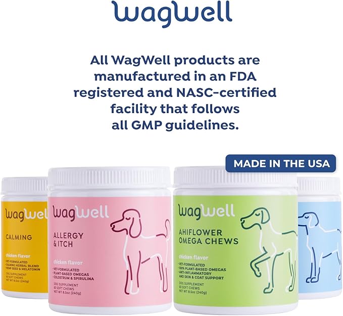 WagWell Ahiflower Omega Oil Dog Chews & Calming Chews Bundle - Skin, Coat, Hip and Joint Supplement for Dogs - Anxiety Relief