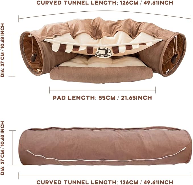 Cat Rabbit Tunnel Bed Nest for Cats Indoor, with Collapsible Washable Soft Cushion, Plush Ball and Exercise Wheel Tube, Fit for Puppy Bunny Kitty Kitten Ferret(2.Coffee)