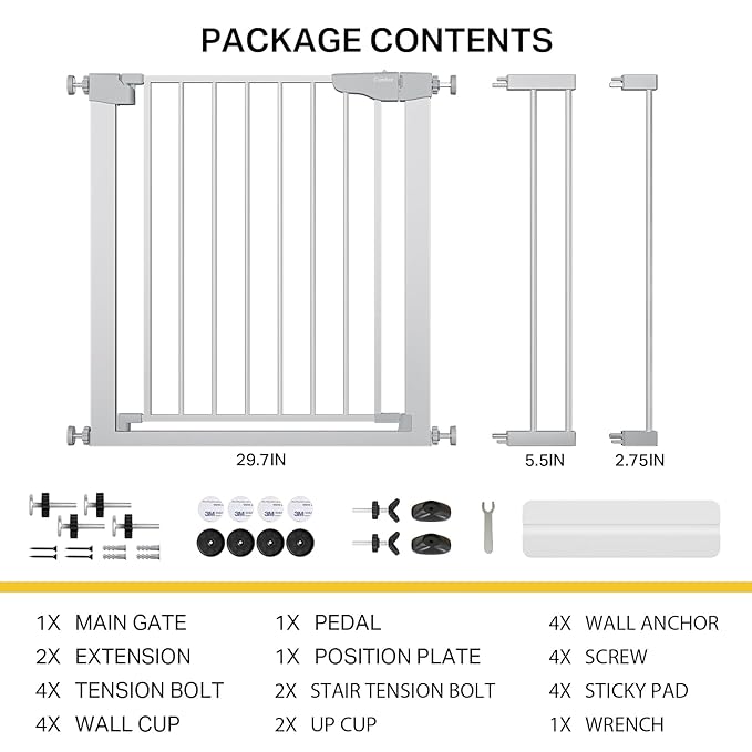 Cumbor 29.7-40.6" Baby Gate for Stairs, Mom's Choice Awards Winner-Dog Gate for Doorways, Pressure Mounted Self Closing Pet Gates for Dogs Indoor, Safety Child Gate with Easy Walk Thru Door, Silver