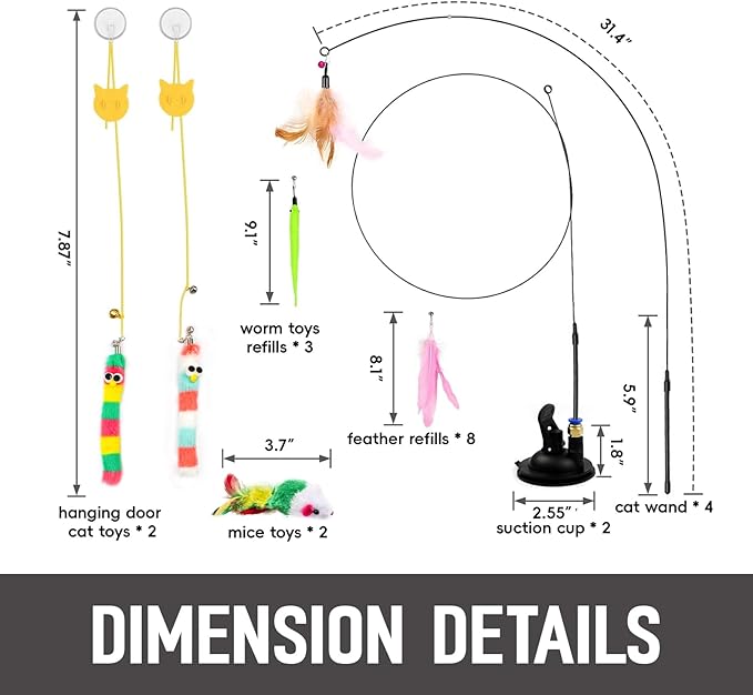 4-in-1 Interactive Cat Toys Set - Feather, String,Suction Cup Cat Toy Stick & Wand Toys with 15 Replaceable Attachments for Indoor Cats