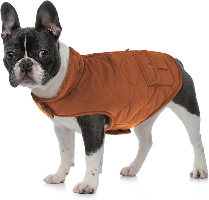 Queenmore Warm Puffer Dog Jacket, Ultra Thick Plush Lining with Storage Pockets (Brown, X-Small)