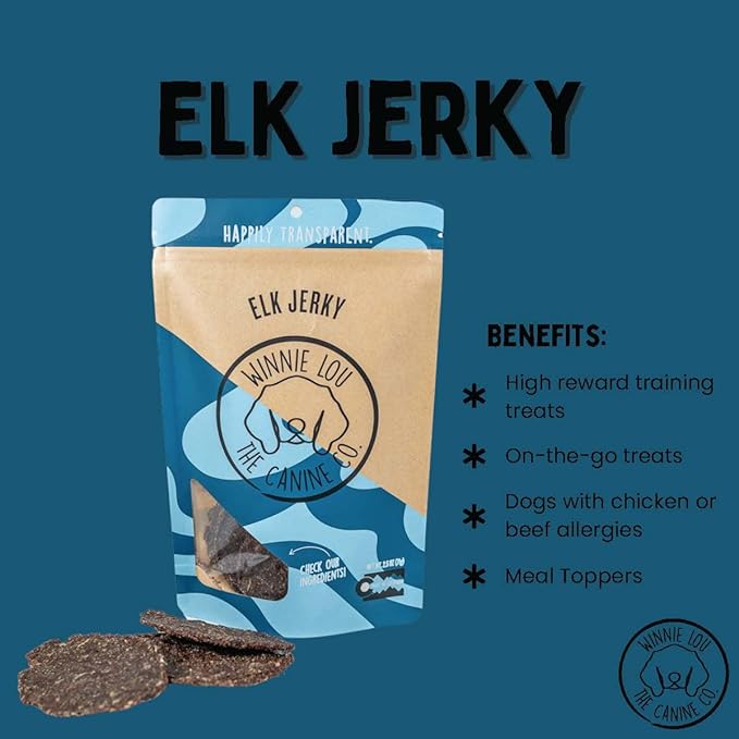 Winnie Lou Elk Jerky Dog Treats – Limited Ingredient, Human Grade, Training Treats for Small, Medium & Large Dogs, Made in USA (1 Pack)