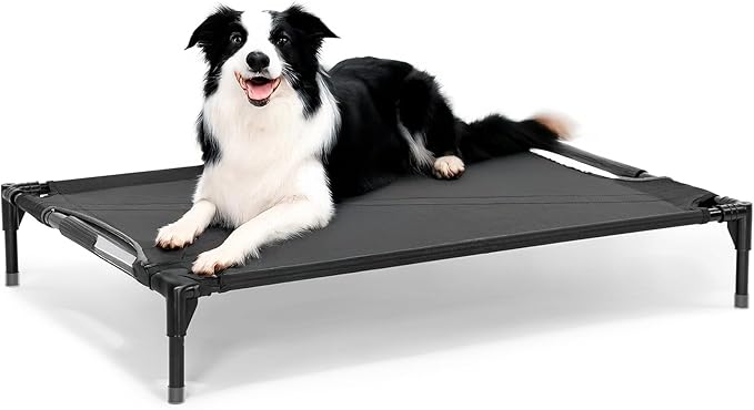 Petsfit Elevated Raised Outdoor Dog Bed - Cooling Elevated Dog Cot, Upgraded Adjustable Firmness Pet Bed,Pet Hammock Bed with Chew Proof Breathable Teslin Mesh,Non Slip, Black 42”
