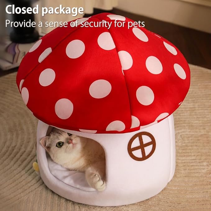 Cute Cat Bed Cave for Indoor Highland Mushroom Shaped Pet Plush House Self-Warming Nest Small Dogs Rabbits with Removable Cushion for Puppy Bed with Hanging Toy (Red Mushroom)