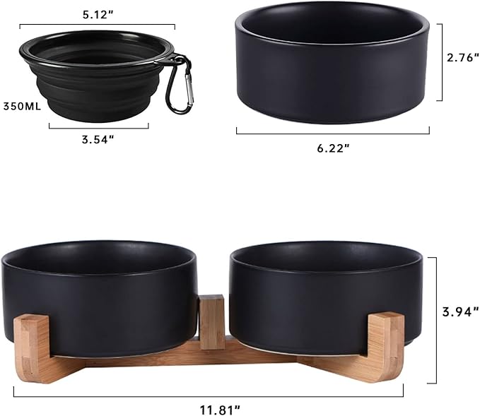 Petygooing Dog Bowls,Black Ceramic Cat Dog Bowl Set with Wood Stand for Pet Food and Water,Non-Slip Cute Modern Pet Dish Set for Cats Small and Medium Dogs (28OZ/6.1 in)