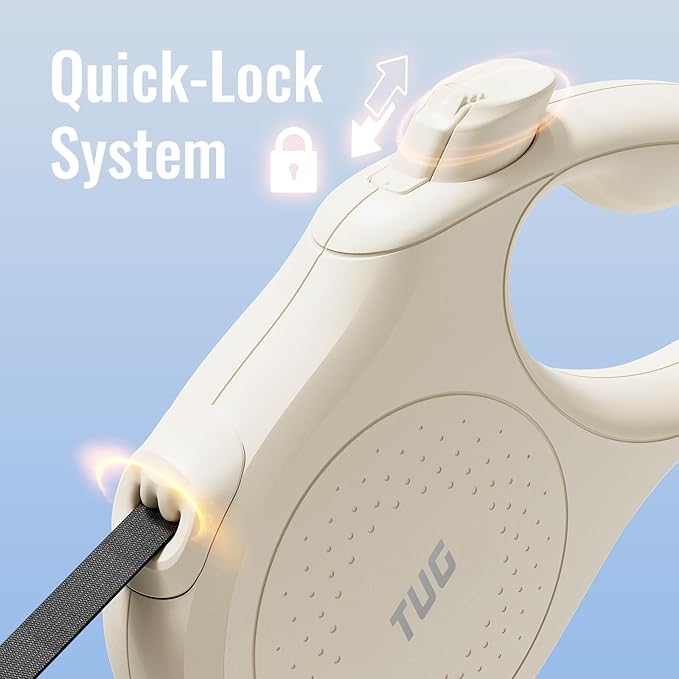 TUG Quest Retractable Dog Leash | 360° Tangle-Free Retraction | 16 ft Strong Nylon Tape (Medium, Cream)