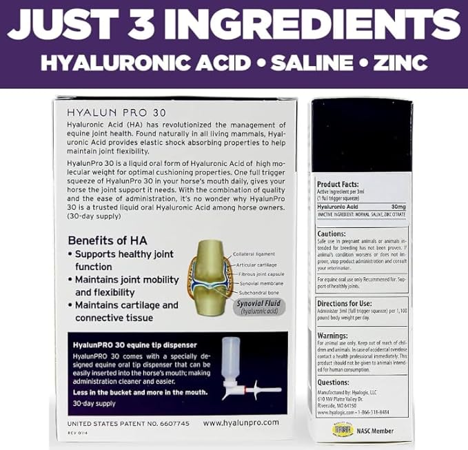 Hyalogic Hyalun Pro 30 - Hyaluronic Acid Joint Support Supplement for Horses – Horse Care Solution with Easy-to-Use Oral Dispenser – Supports Healthy Joints & Cartilage - 30-Day Supply (3oz / 90ml)