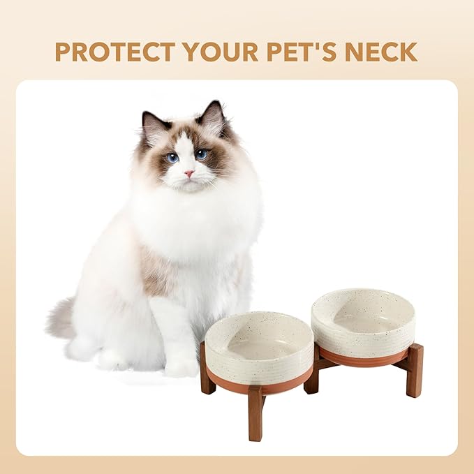 Ceramic 5.1inch Raised Double Bowls Set with Acacia Wood Stand, 2 Heights Elevated, Food & Water Bowls for Puppy, Kitty, Cats(13.5oz, Vanilla White)