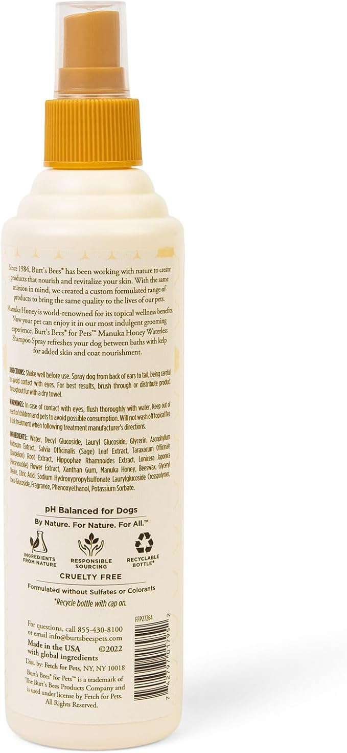 Burt’s Bees Manuka Honey Waterless Shampoo Spray for Dogs with Kelp, 10 Fl Oz