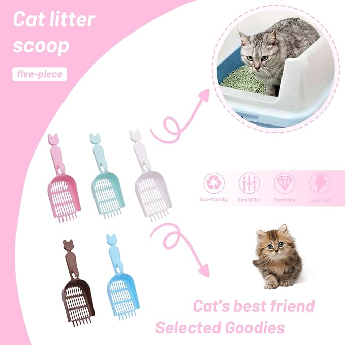 YXQ Litter Scoop for Cats 5-Pack Durable Plastic Cat Litter Scooper with Small Holes, Long Handle & Deep Shovel for Pellet Litter, 5 Colors (Kitty Litter Box Scoop)