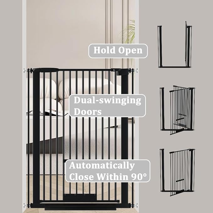 40.55" Tall 1.37" Ultra Narrow Spacing Dogs Pets Baby Gate with Door for Doorway Cat Safety Proof Indoor 73.43"-81.30" Extra Wide Puppy Pressure Mounted No Drill White Black Metal Hallway