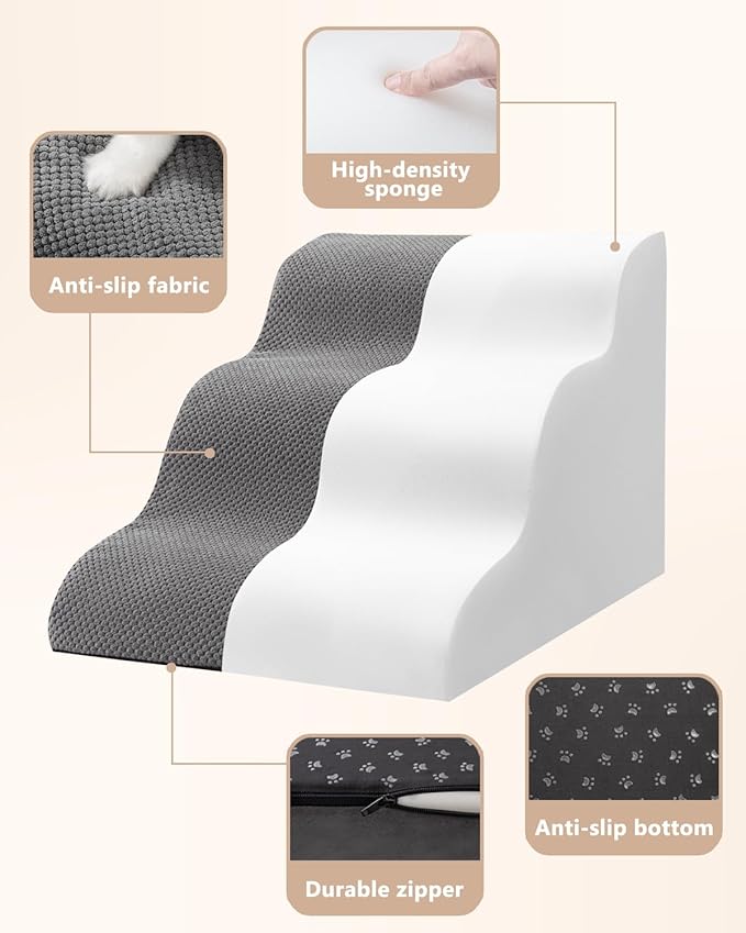 Dog Stairs for Small Dogs,3 Step Dog Ramp for Couch and Bed,Pet Stairs with Non-Slip Bottom for Old Cats,Indoor Pet Steps,Comfort,Durable,15.4" H,Grey