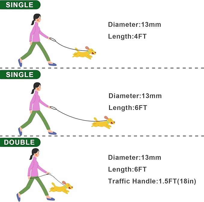 Rope Dog Leash with Two Handles, 6 Foot Heavy Duty Dog Leash with Aviation Aluminum Auto Locking Carabiner, Strong Nylon Pet Lead for Small, Medium, Large Dogs (Green, 6FT-Two Handle)