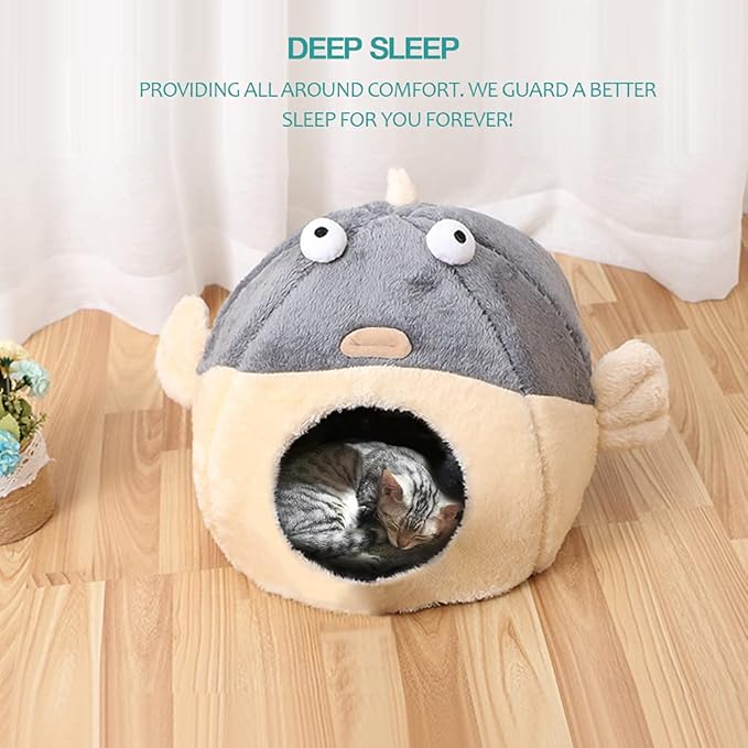 Cat Beds for Indoor Cats - Cat Bed Cave with Removable Washable Cushioned Pillow,2 in 1 Super Soft cat Tent for Kitten and Small Cats, Lively Pufferfish Animal-Shape & Furniture, Grey Multiple Sizes
