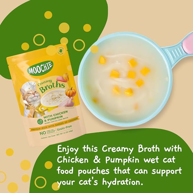 MOOCHIE Grain Free Creamy Broth for Cats - Made with Real Chicken & Pumpkin - No Artificial Flavors or Preservatives - 16 x 1.4 oz Pouch