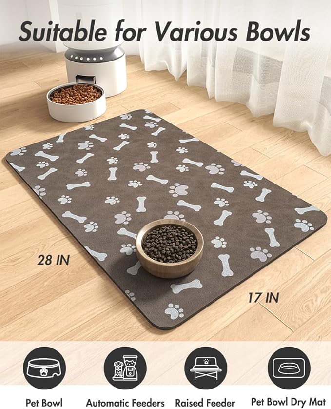 MontVoo Dog Food Mat-Pet Feeding Mat for Food and Water-No Stains Quick Dry Dispenser Cat Bowl Mat for Messy Drinkers(17"x28" Brown)
