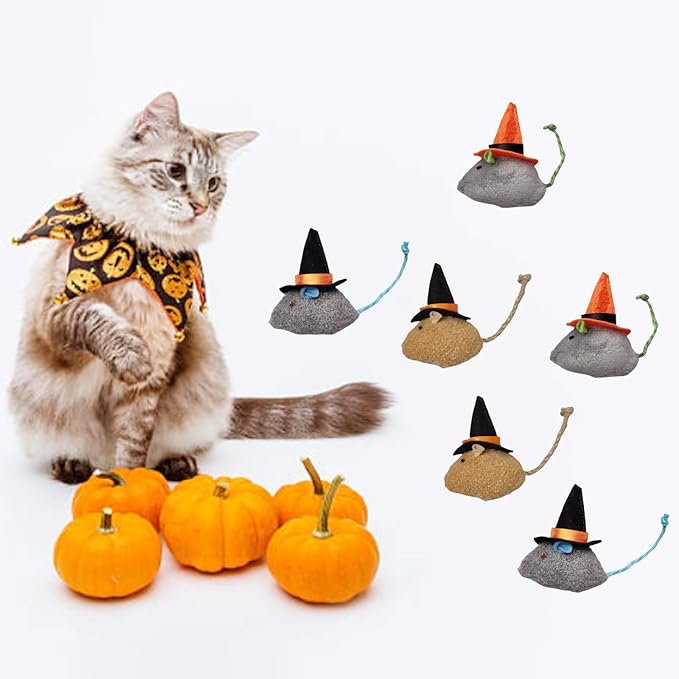 6 Packs Cat Toys Interactive Toy Witch Magic Hat Costume Plush Mouse Shaped Catnip Toys