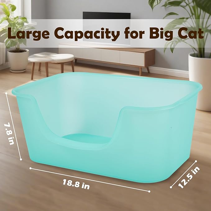Large Cat Litter Box with High Sides for Indoor Multi Cats,Big Low Entry Cat Litter Pan Kitty Litter Box for Kittens & Senior Cats,Open Top Waterproof Anti-Splashing High Wall Cat Box (Blue)
