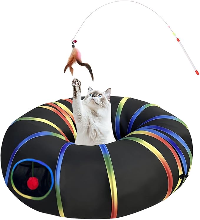 LUCKITTY Cat Tunnel Toy with Plush Ball & Cat Wand Feather Toys-Portable Tattaff Waterproof Washable-Interesting Pattern Collapsible Black Rainbow