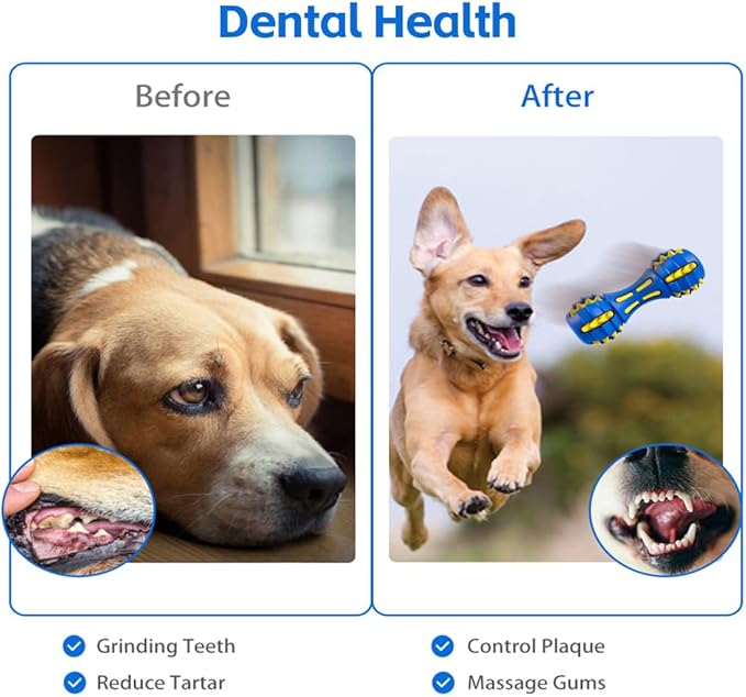 AUSCAT Teething Dog Chew Toys, Durable Squeaky Dog Toys, Rubber Chew Toys for Dogs, Dumbbell Shape, Blue