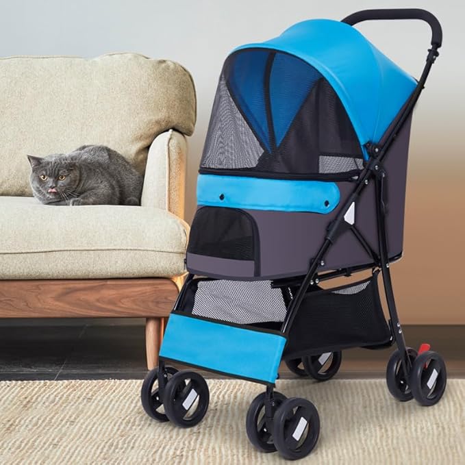 4 Wheels Pet Stroller,Easy-Foldable Dog Cat Cage Jogger Stroller with Weather Cover for All-Season,Storage Basket and Visible Mesh for Small/Medium Pets up to 33lbs (Blue)