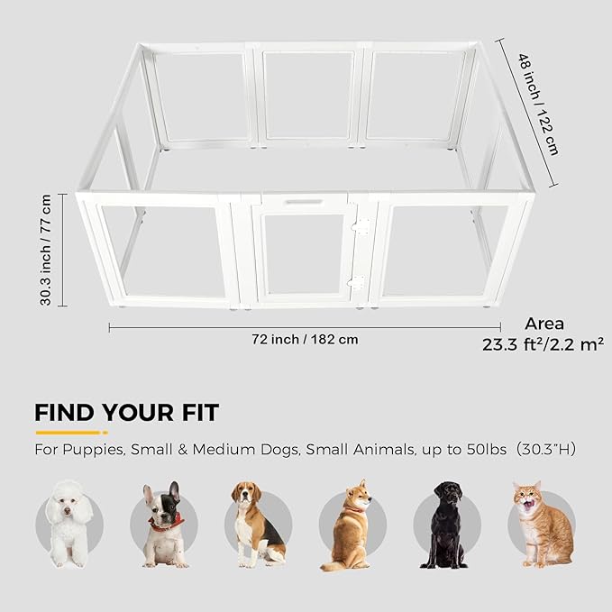 Clear Acrylic Plastic Dog Playpen - Clear Dog Play Pen - Easy Assemble Acrylic Dog Playpen - Puppy Playpen, Cat Playpen, Small Animal Playpen, Dog Play Pen Indoors (White, 30.3" H, 10PCS)