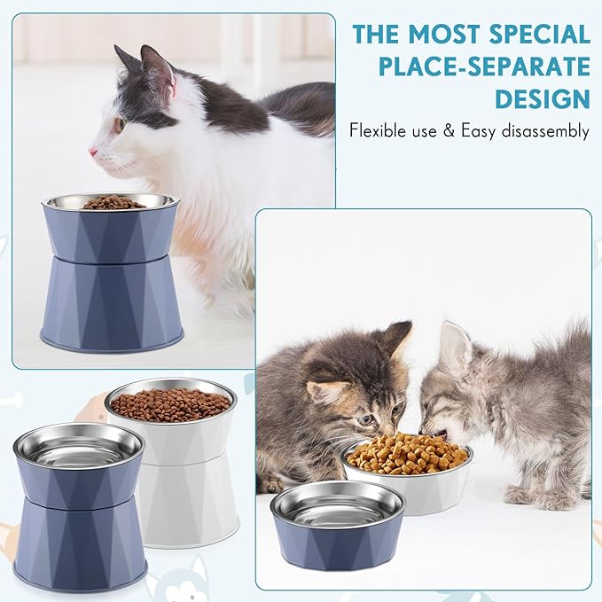 Lallisa Cat Feeder, 2 Pcs Elevated Stainless Steel Bowls with Adjustable Raised Stand, Non-Slip Pet Food and Water Bowl for Cats, Dogs, Hygienic Feeding Eating Pets (Blue, White)