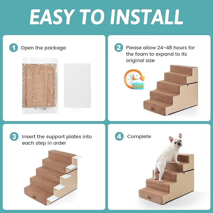Dog Stairs for Small Dogs, 5 Tier Removable Wider Pet Stairs for Couch and Bed, 23.6" H Non-Slip Dog Steps for Puppies and Old Cats with Support Board, 19.7x29.5x23.6 inch, Light Brown