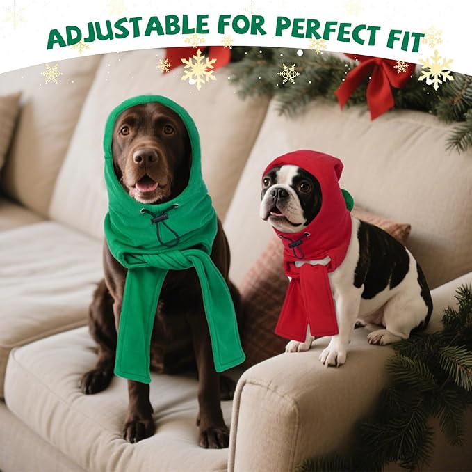DENTRUN Dog Hood with Scarf - Warm Fleece Ear Cover for Medium Dogs, Adjustable Christmas Outfit with Pom Pom, Green (M:10-13" Head Girth)