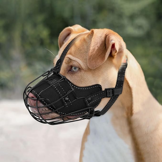 OOPSDOGGY Pitbull Dog Muzzle - Reflective Metal Mask with Wire Basket for Large Dogs - Soft Cage Muzzle to Prevent Biting & Chewing - Adjustable Nylon Straps (Black)