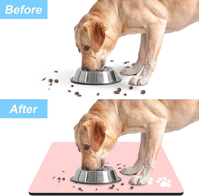 Rnivvi Dog Food Mat, 12" x 19" Footprint Absorbent Dog Cat Bowl Mat for Food and Water, Cute Anti-Slip Rubber Pet Feeding Rug Protect Floors, Puppy Placemat for Feeding & Watering Supplies, Pink